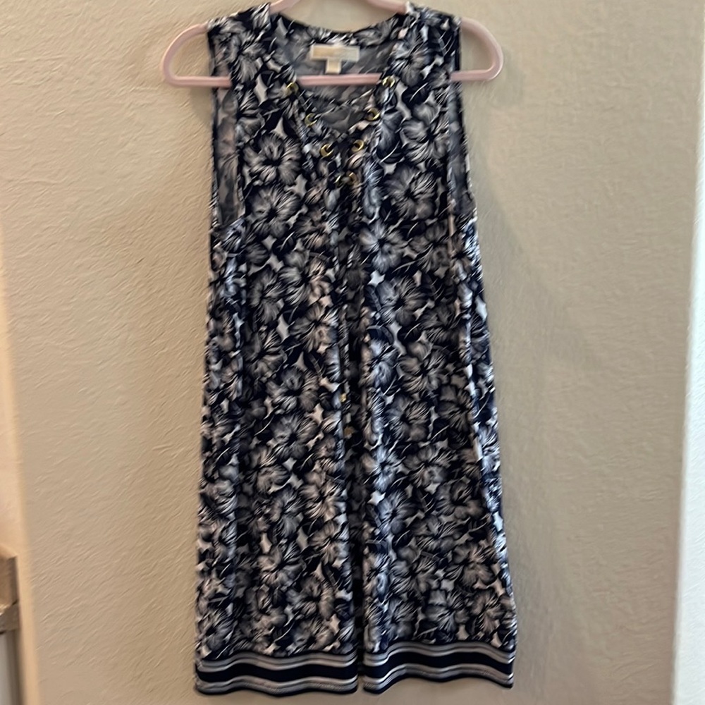 Womens Michael Kors pullover lace up v neck dress.  Navy blue and white